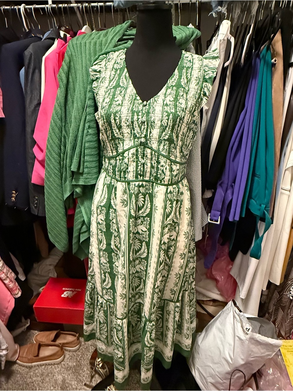 Talbots Green and White Floral V-Neck Midi Dress